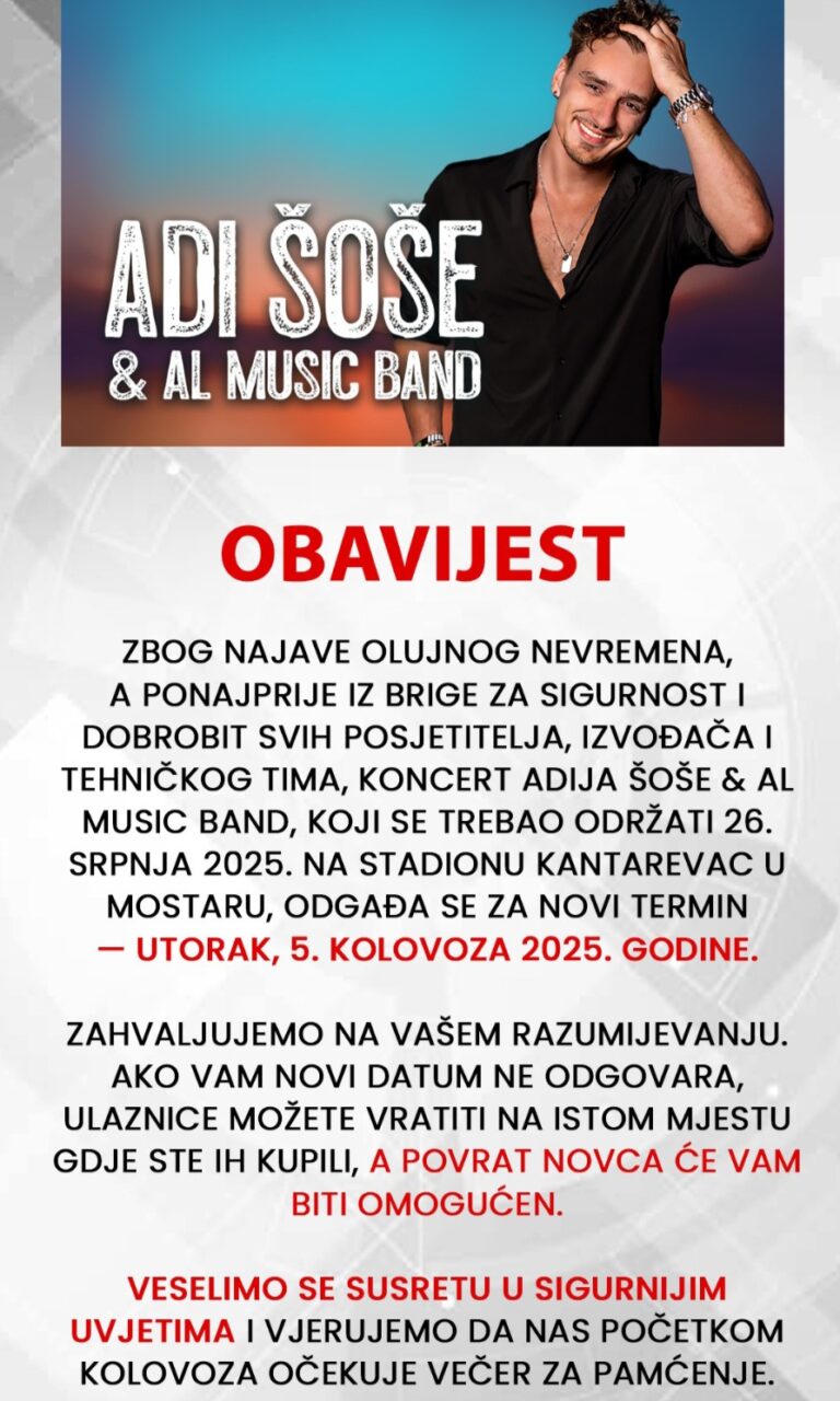 Koncert Adija Šoše odgođen zbog najavljenog nevremena – novi datum 5. kolovoza